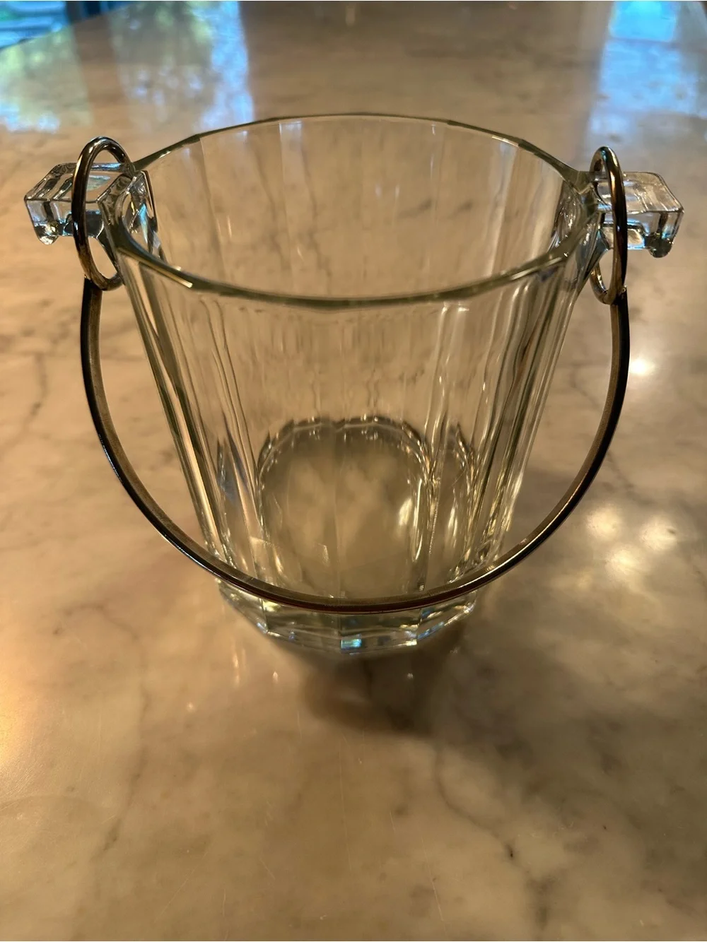 Vintage Italian Clear Glass Ice Bucket, Silver Plated Handle 5.25